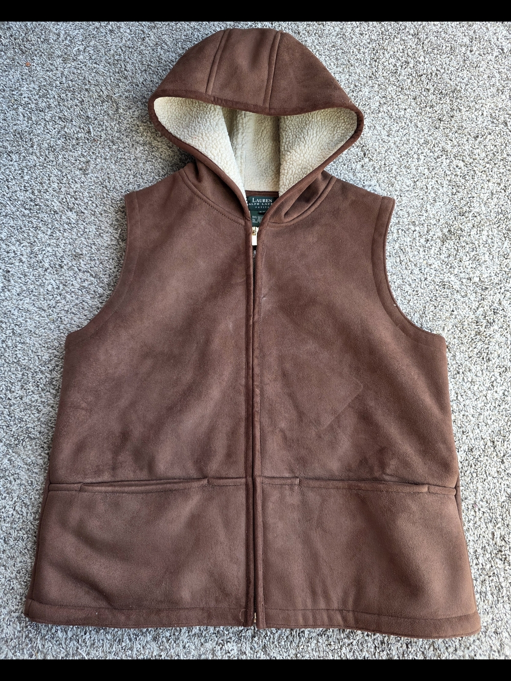 Lauren Ralph Lauren Brown Hooded Sherpa Vest with Cream Lining
